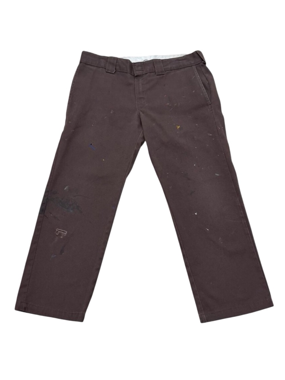 Men’s Dickies Slim Straight Work Pants Brown Distressed Paint Splatter